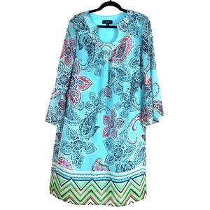 Vintage y2K Paisley Dress Bell Sleeves Shift Flowy Knee Mod Blue Green 14